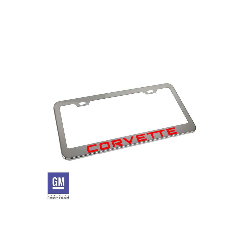 C4 1984-1996 Corvette License Plate Frame - Polished Stainless Steel W/Red Corvette Script - Red Script