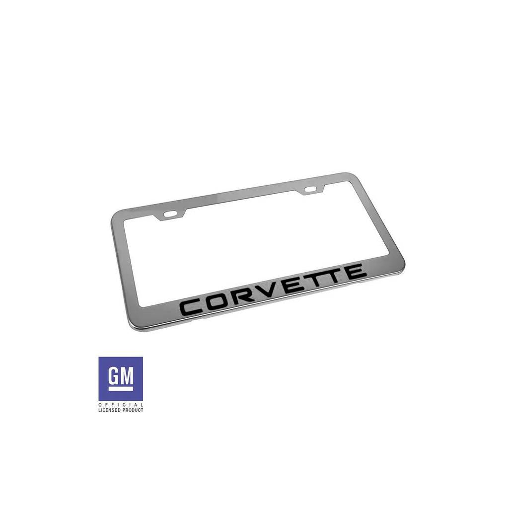 C4 1984-1996 Corvette License Plate Frame - Polished Stainless Steel W/Black Corvette Script - Black Script