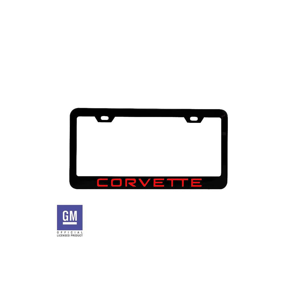 C4 1984-1996 Corvette License Plate Frame - Matte Black W/Red Corvette Script - Red Script