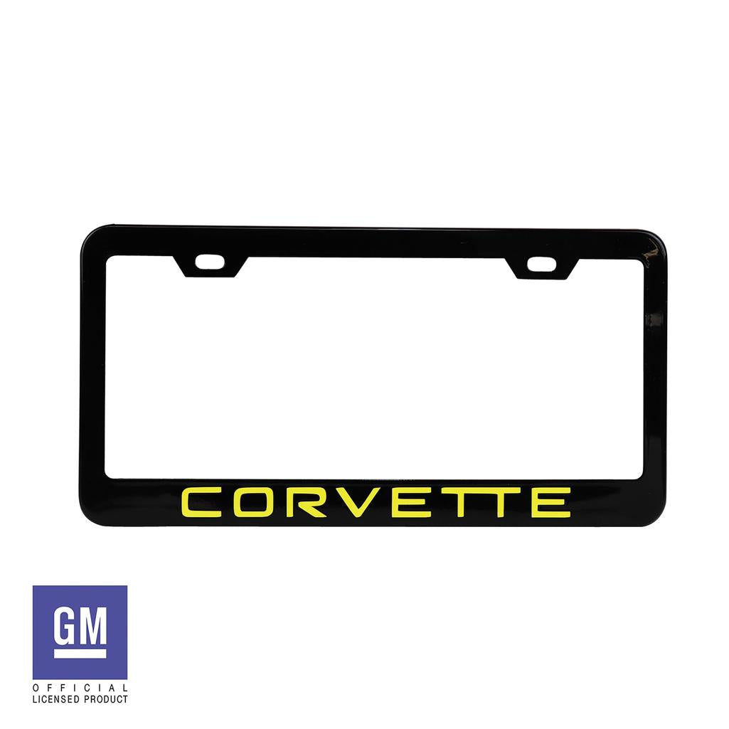 C4 1984-1996 Corvette License Plate Frame - Matte Black W/Yellow Corvette Script - Yellow Script