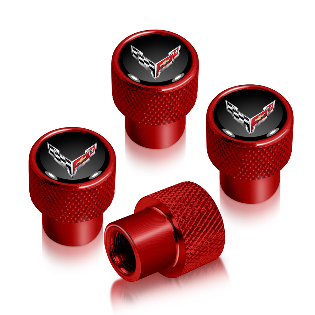 C7 Corvette Valve Stem Cap - Red Aluminum With Logo - 4 Piece Set