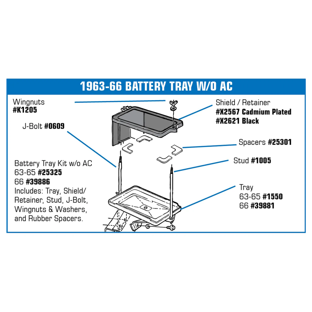 C2 1963-1965 Corvette Battery Tray Kit - W/O Air Conditioner