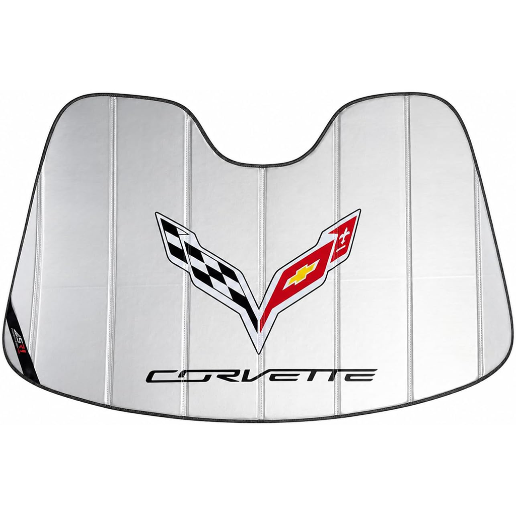 Corvette Insulated Foldable Accordion Style Silver Sunshade W/ Logo : C7 Stingray, Z51, Z06, Grand Sport, ZR1