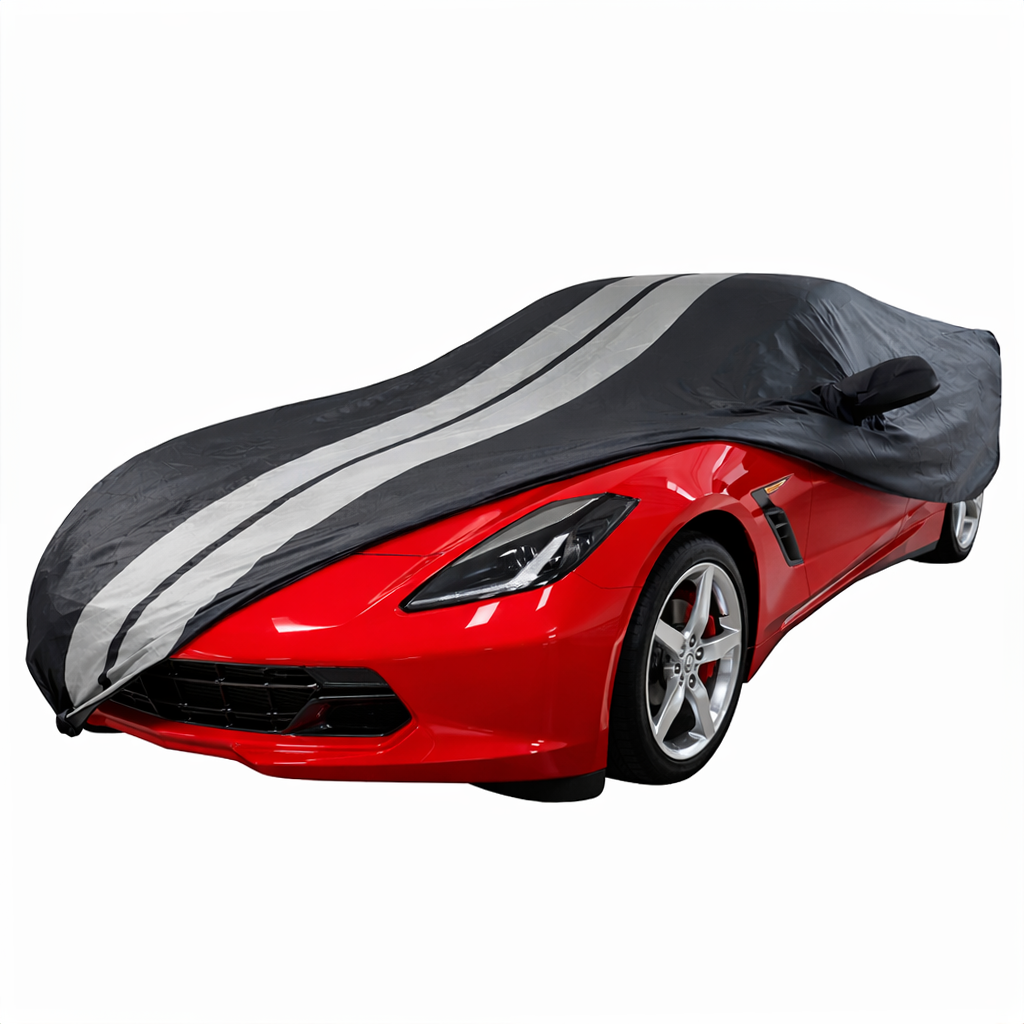 Corvette Ultraguard PEVA Car Cover - Indoor/Outdoor Waterproof Protection - Black W/ Gray Stripes : 2014-2019 Stingray, Z51, Z06, Grand Sport