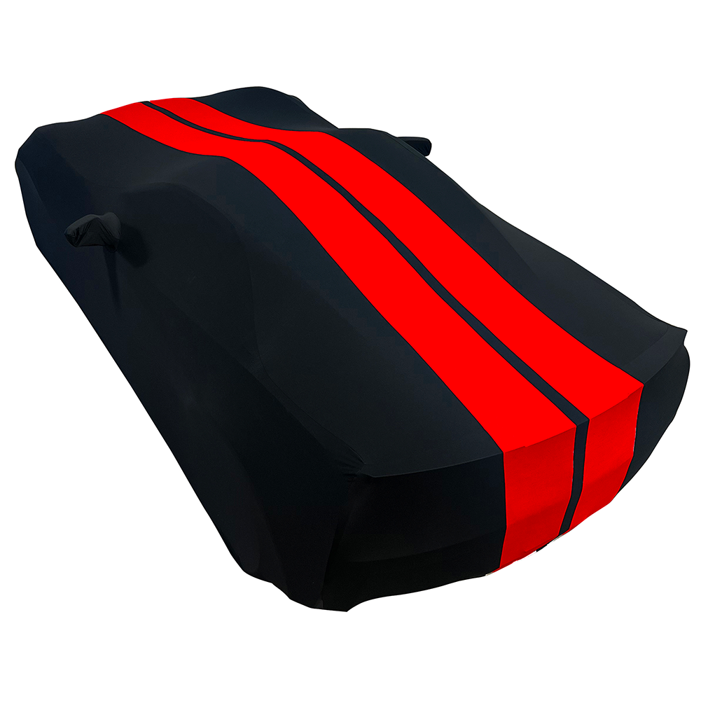 Corvette Ultraguard Stretch Satin Sport Car Cover - Black / Red Stripes - Indoor : C7 Stingray, Z51, Z06, Grand Sport, ZR1