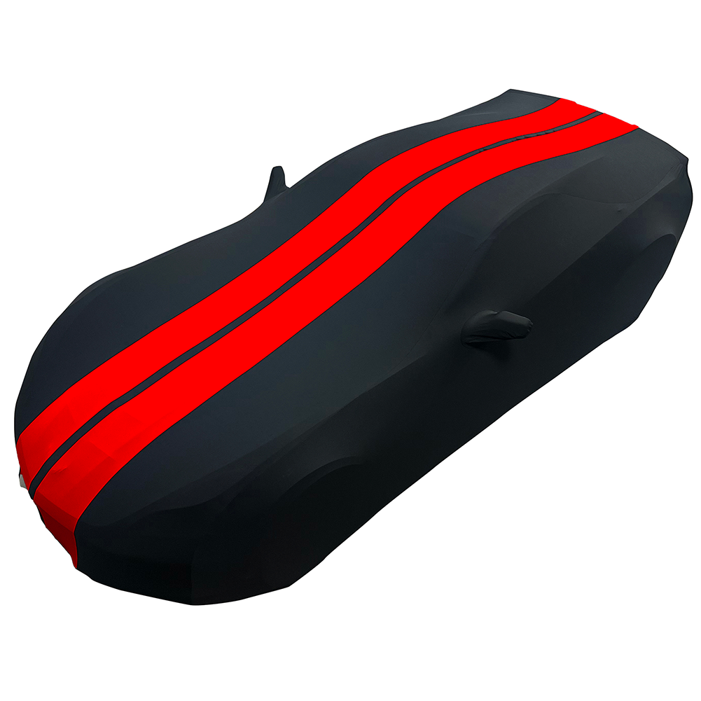 Corvette Ultraguard Stretch Satin Sport Car Cover - Black / Red Stripes - Indoor : C7 Stingray, Z51, Z06, Grand Sport, ZR1
