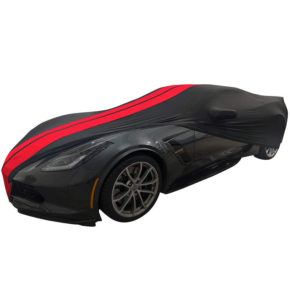 Corvette Ultraguard Stretch Satin Sport Car Cover - Black / Red Stripes - Indoor : C7 Stingray, Z51, Z06, Grand Sport, ZR1