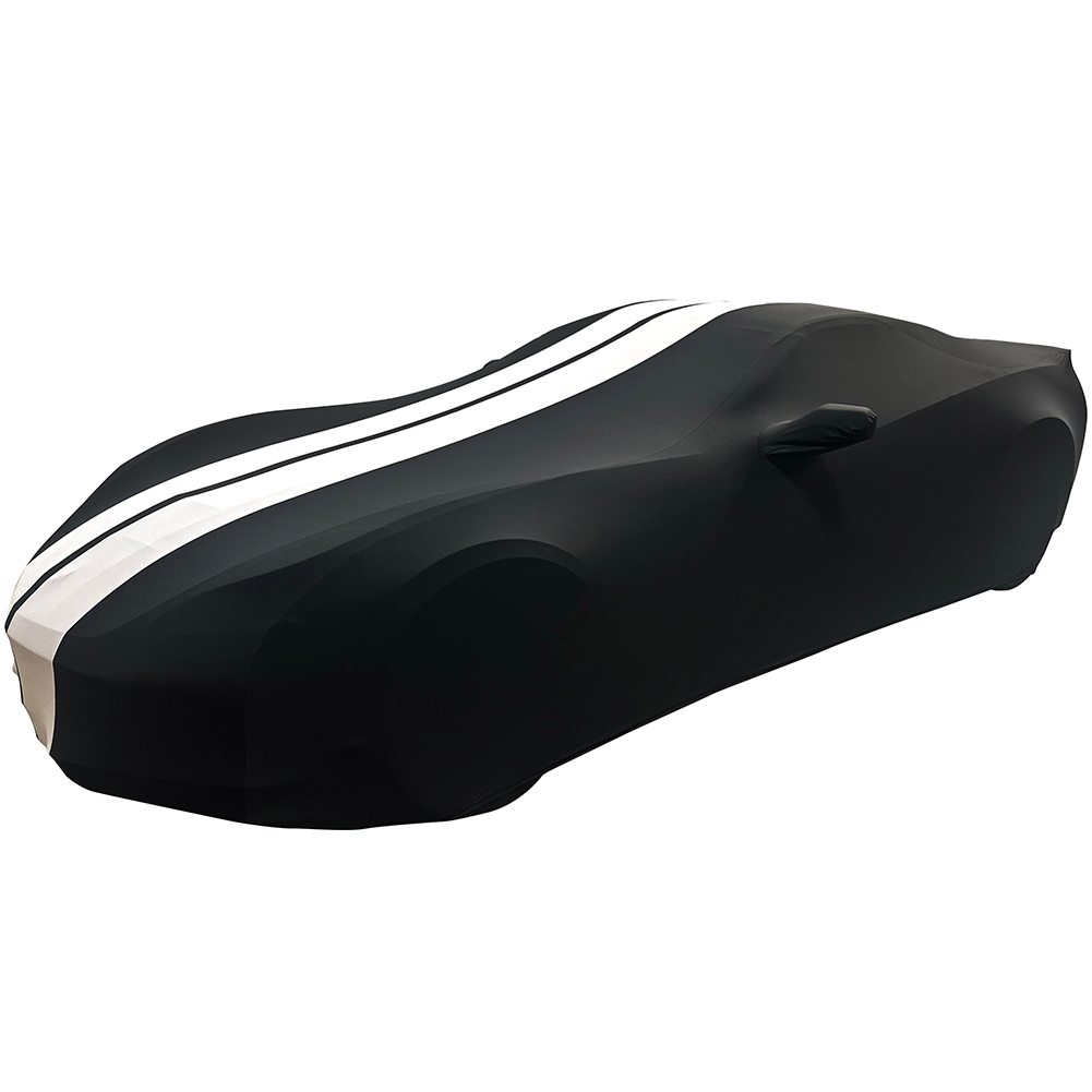 Corvette Ultraguard Stretch Satin Sport Car Cover - Black / Grey Stripes - Indoor : C7 Stingray, Z51, Z06, Grand Sport, ZR1
