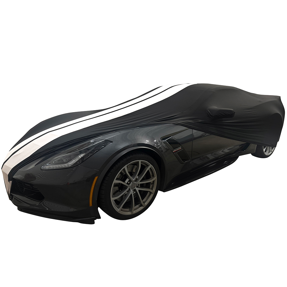Corvette Ultraguard Stretch Satin Sport Car Cover - Black / Grey Stripes - Indoor : C7 Stingray, Z51, Z06, Grand Sport, ZR1