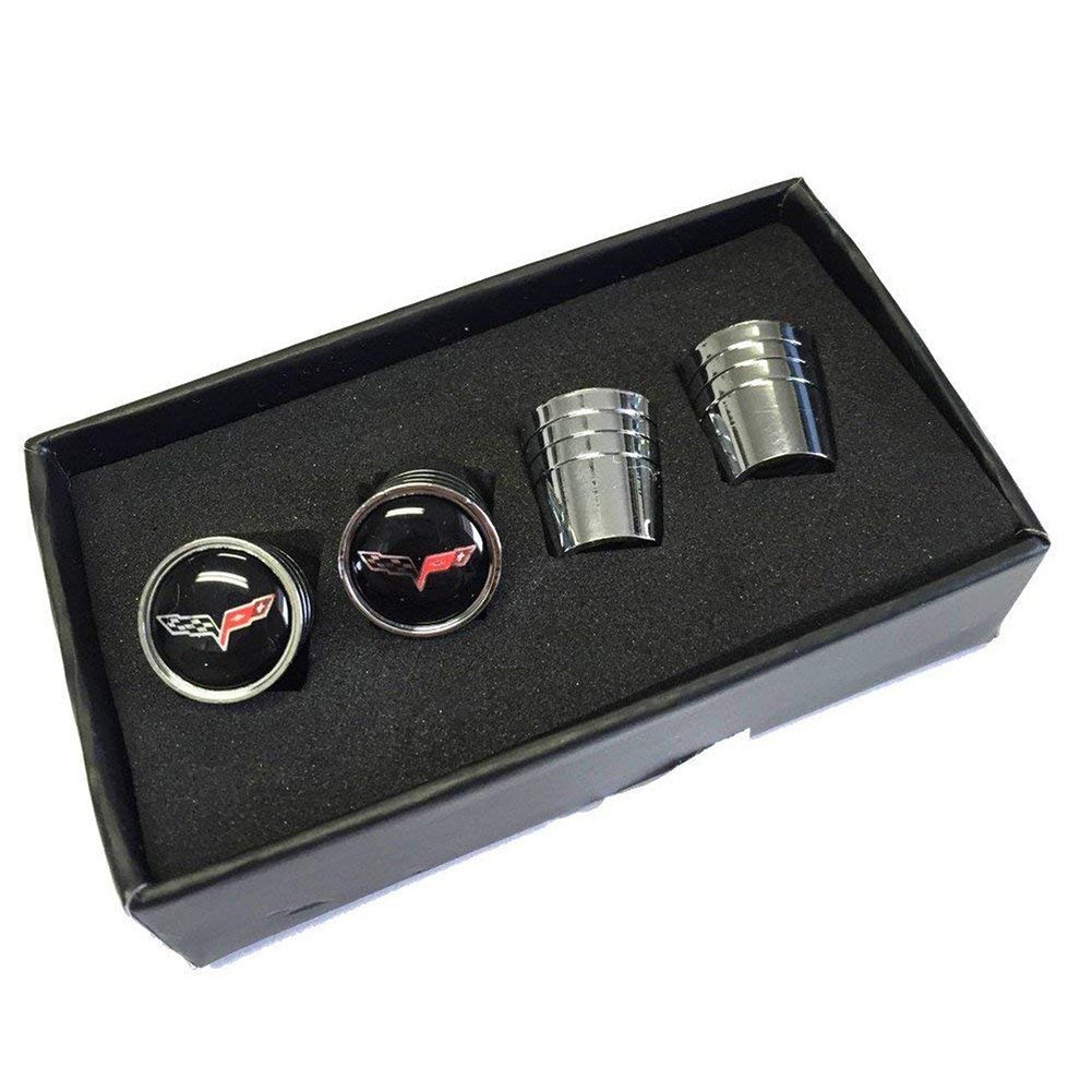 C6 Corvette Crossed Flags Logo Aluminum Valve Stem Caps (Tapered)