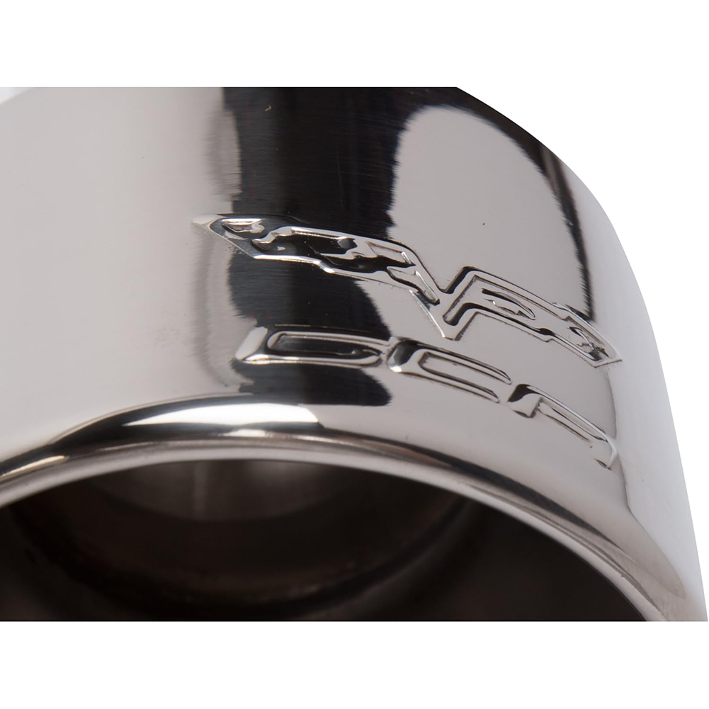 Corvette Polished Stainless Steel Round Exhaust Tips with GCA and Crossed Flags Logo : C6 2005-2013 Base