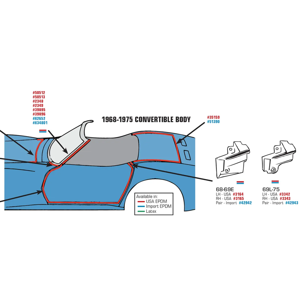 C3 1969-1975 Corvette Weatherstrip - Door Mains Convertible Latex