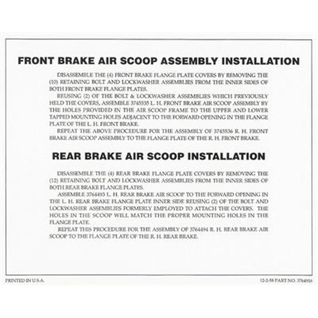 C1 1958-1962 Corvette Decal, Heavy Duty Brakes Instruction