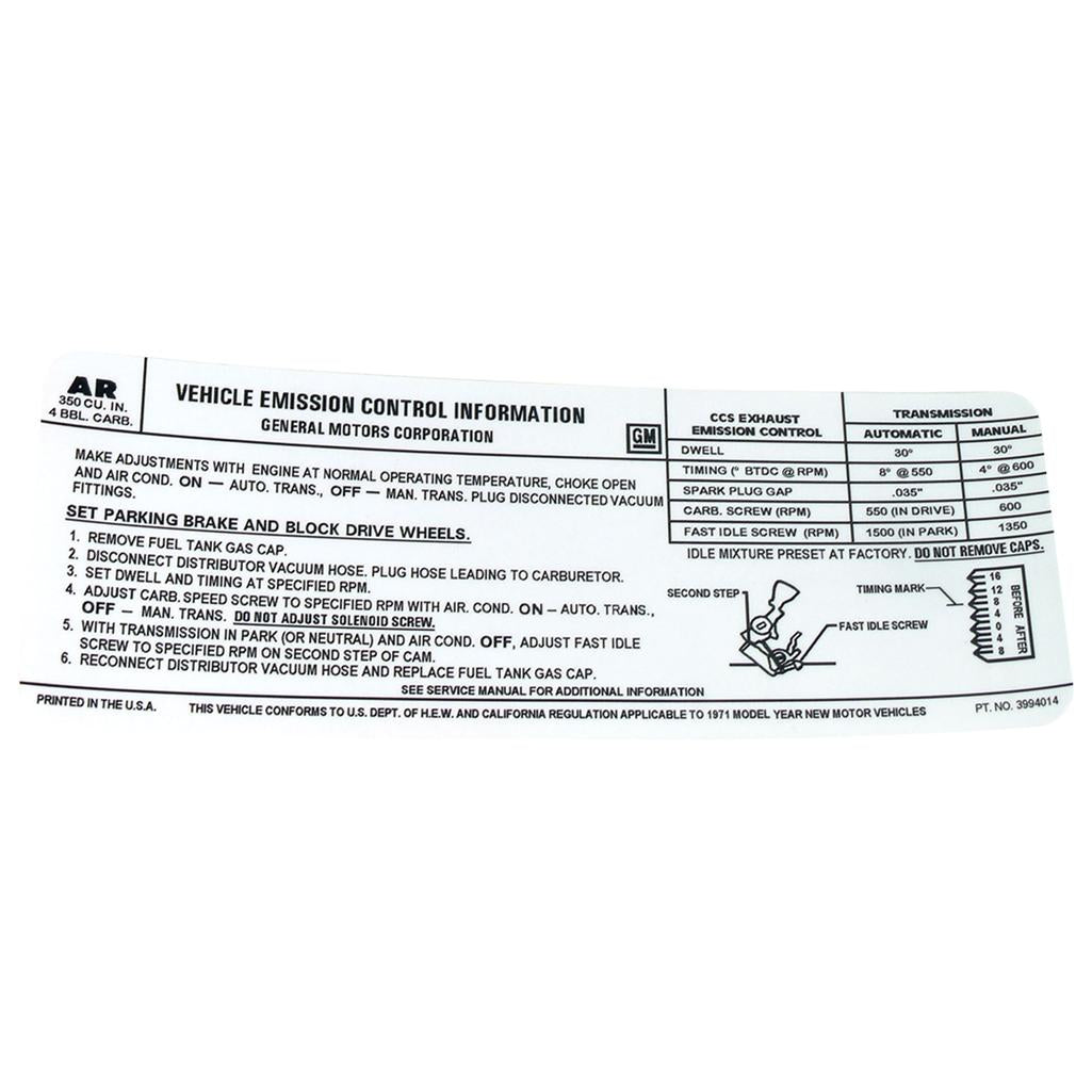 C3 1971 Corvette Decal, Emission 350/270 Horsepower
