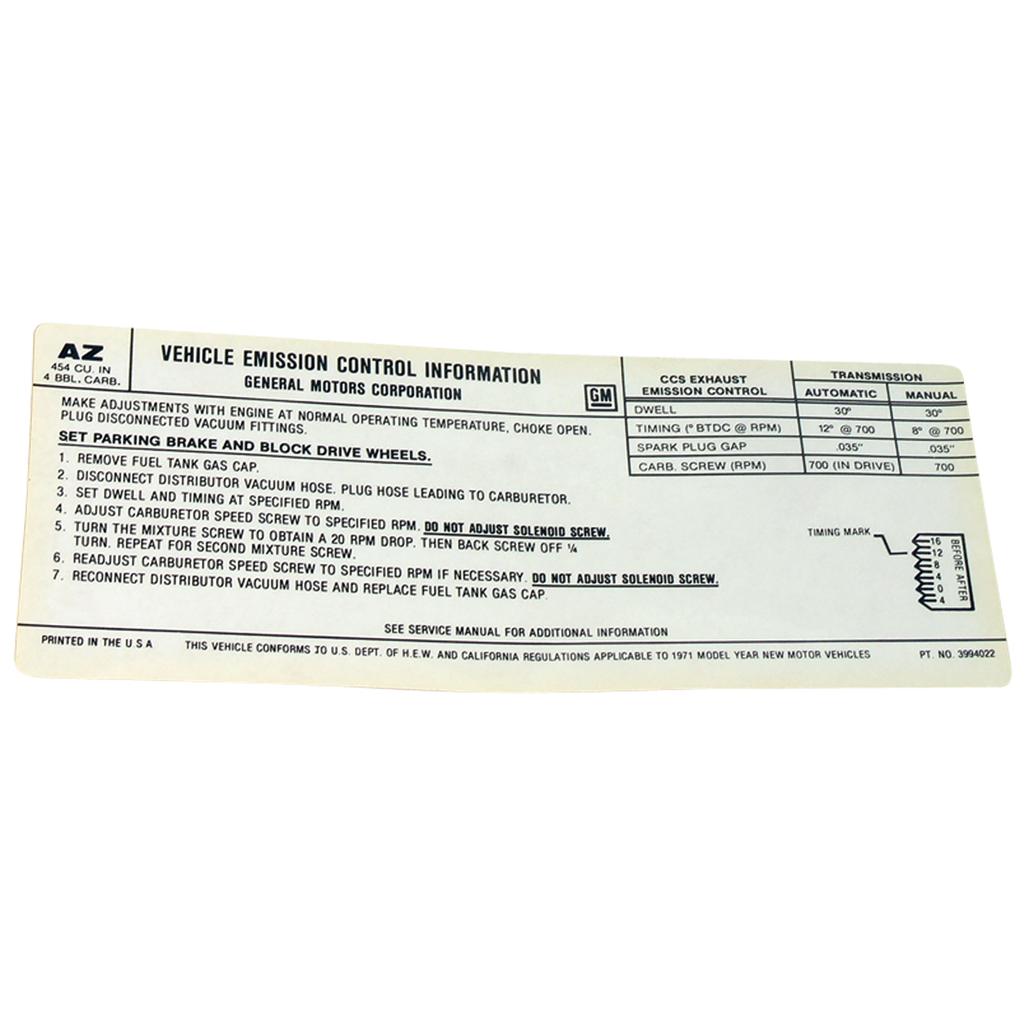 C3 1971 Corvette Decal, Emission 454/425 Horsepower