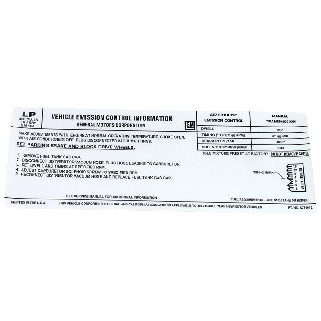 C3 1972 Corvette Decal, Emission 350 LT1