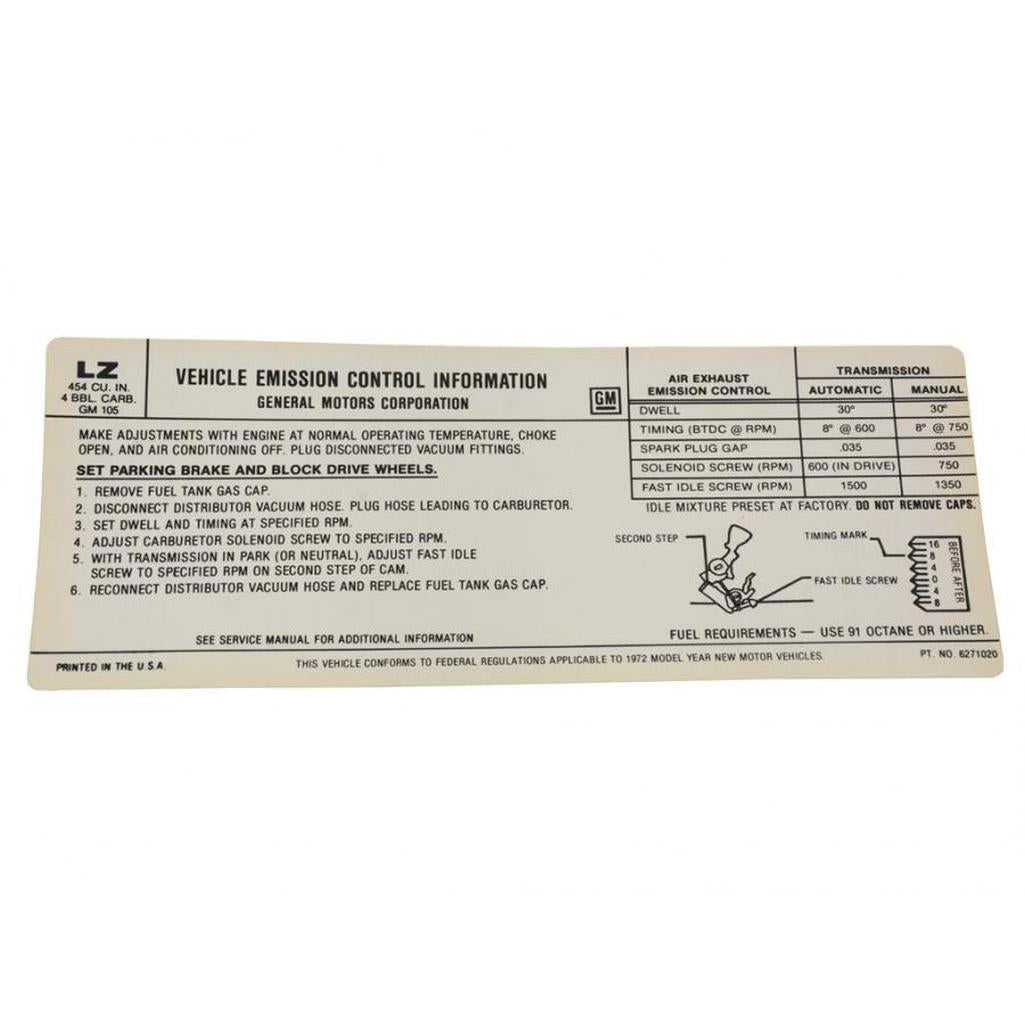 C3 1972 Corvette Decal, Emission 454