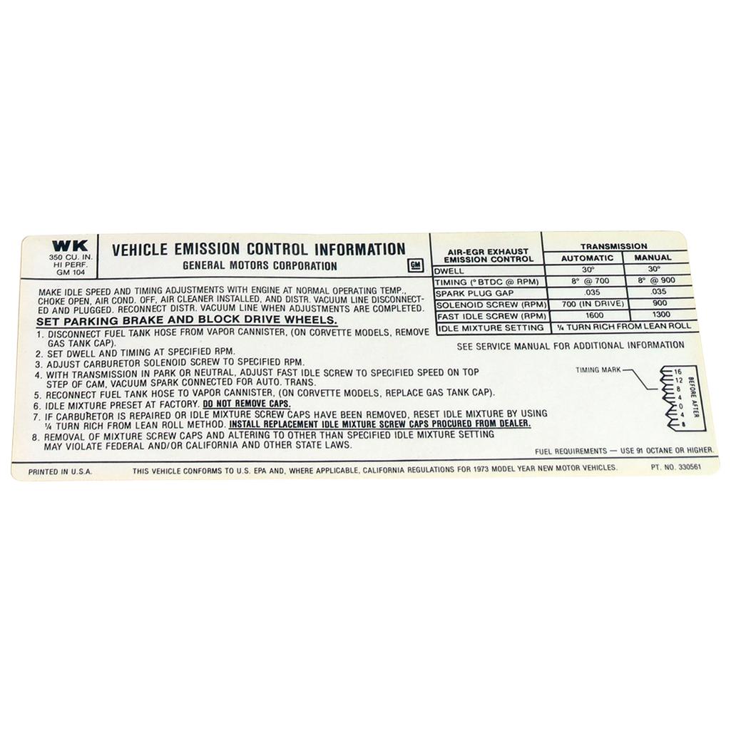 C3 1973 Corvette Decal, Emission L82