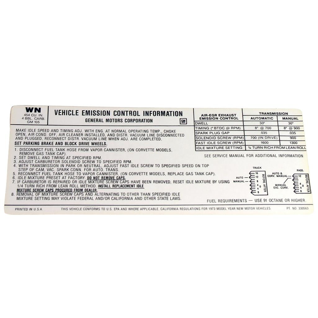 C3 1973 Corvette Decal, Emission 454 Federal