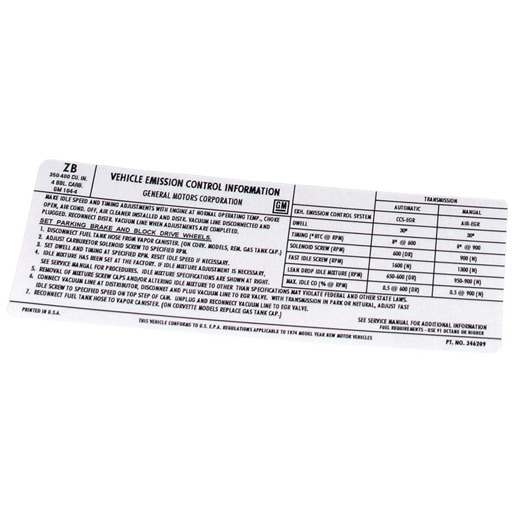 C3 1974 Corvette Decal, Emission L48 Base Engine