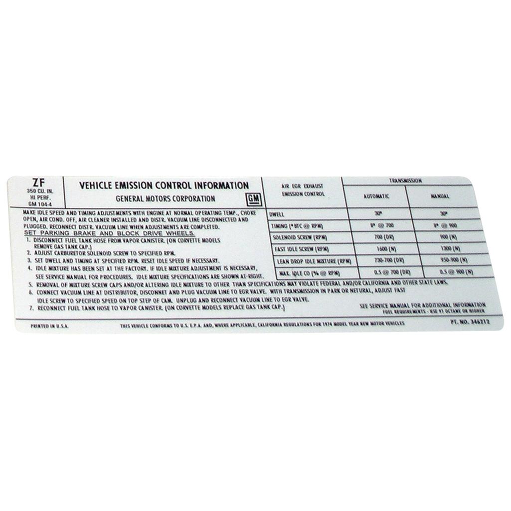 C3 1974 Corvette Decal, Emission L82