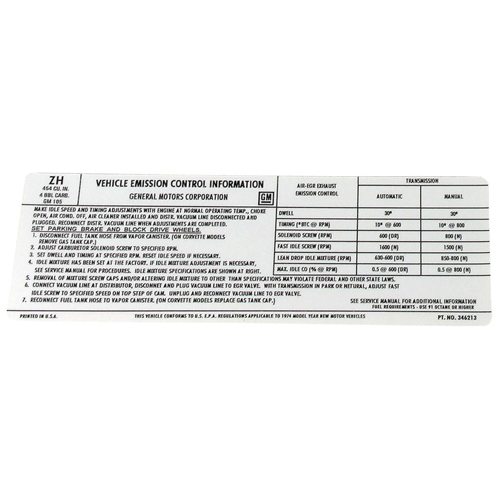 C3 1974 Corvette Decal, Emission 454