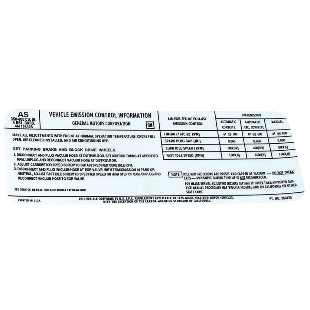 C3 1975 Corvette Decal, Emission L48