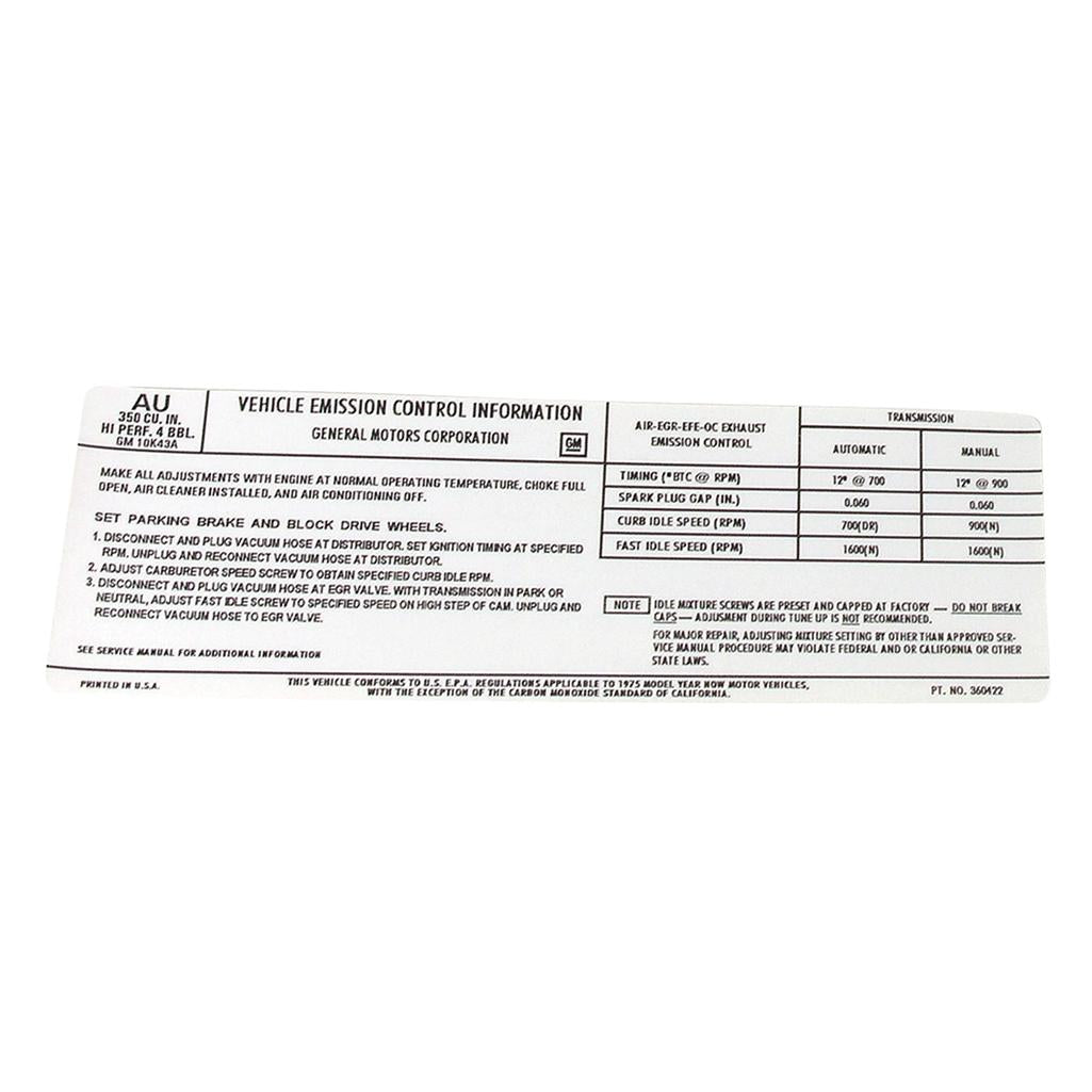 C3 1975 Corvette Decal, Emission L82