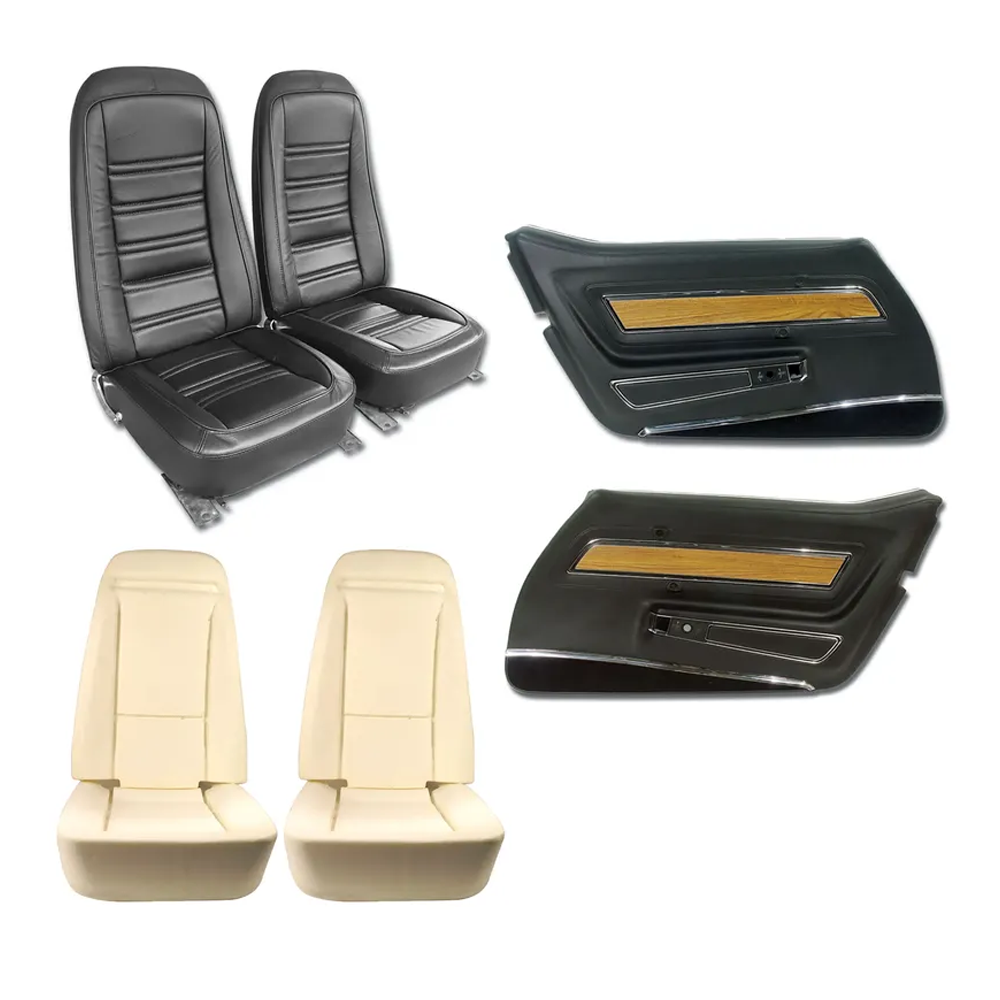 C3 1976 Corvette Interior Package - OE Leather Covers, Foam, Deluxe Door Panels - Black W/Teak