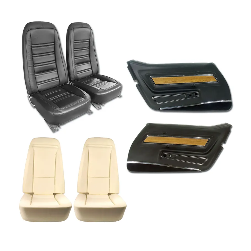 C3 1976 Corvette Interior Package - Full Leather Covers, Foam, Deluxe Door Panels - Black W/Teak