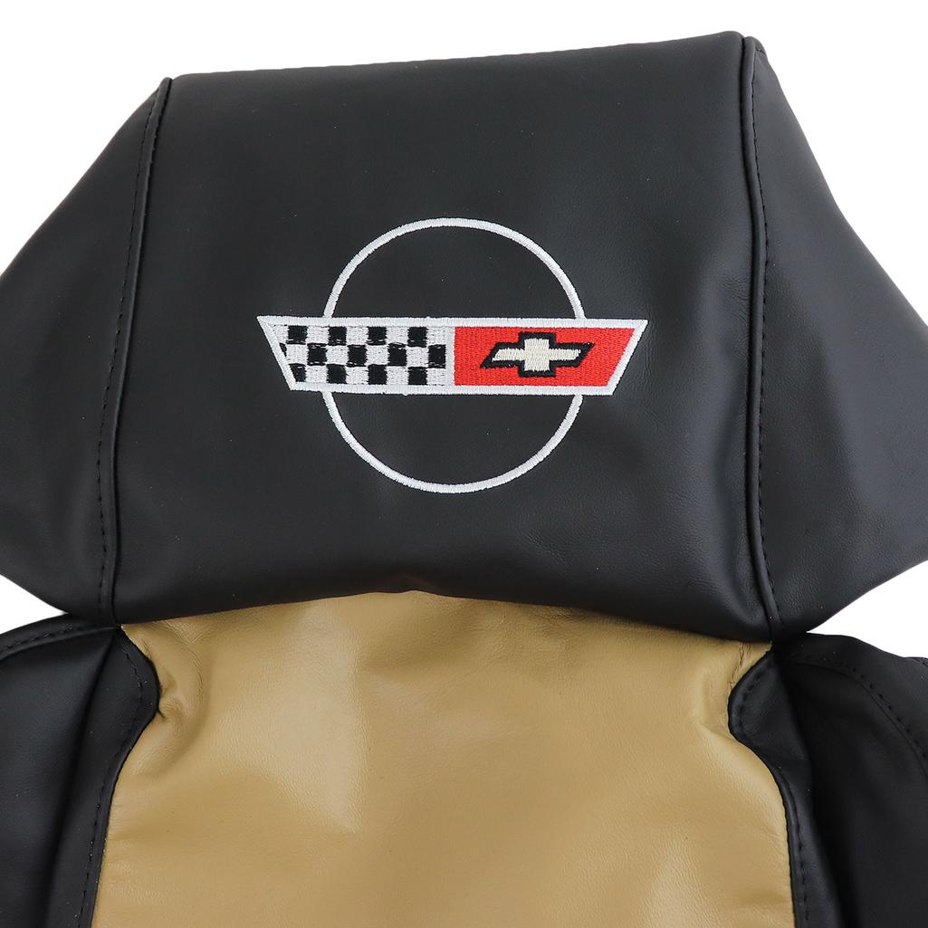 C4 1984-1987 Corvette Embroidered Custom 100% Leather Standard Seat Covers - Black & Saddle