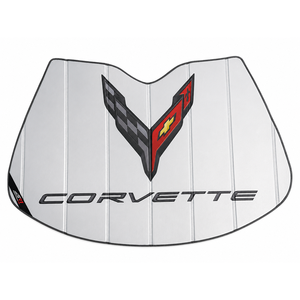 Corvette Insulated Foldable Accordion Style Silver Sunshade W/ Logo : C8 Stingray, Z51, Z06, E-Ray, ZR1