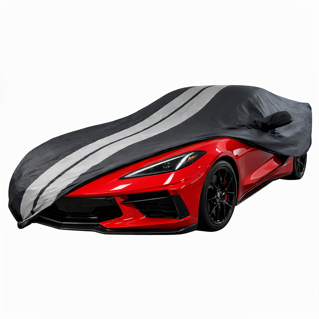 Corvette Ultraguard PEVA Car Cover - Indoor/Outdoor Waterproof Protection - Black W/ Gray Stripes : C8 Stingray, Z51, Z06, E-Ray
