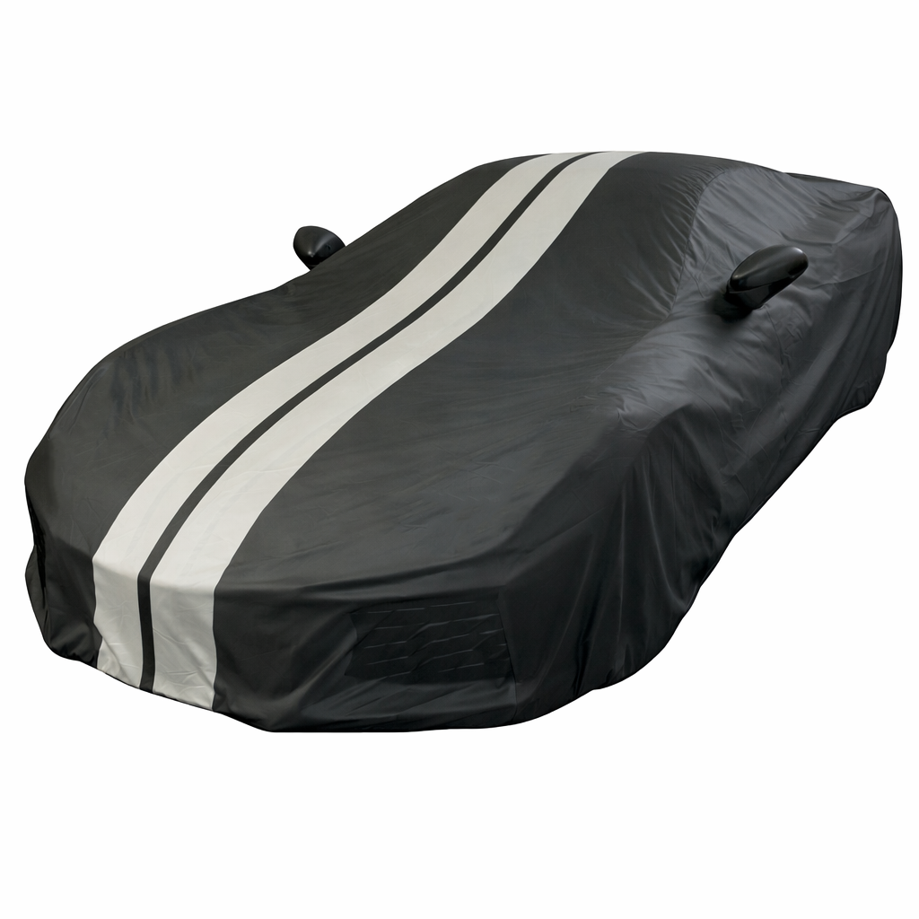 Corvette Ultraguard PEVA Car Cover - Indoor/Outdoor Waterproof Protection - Black W/ Gray Stripes : C8 Stingray, Z51, Z06, E-Ray