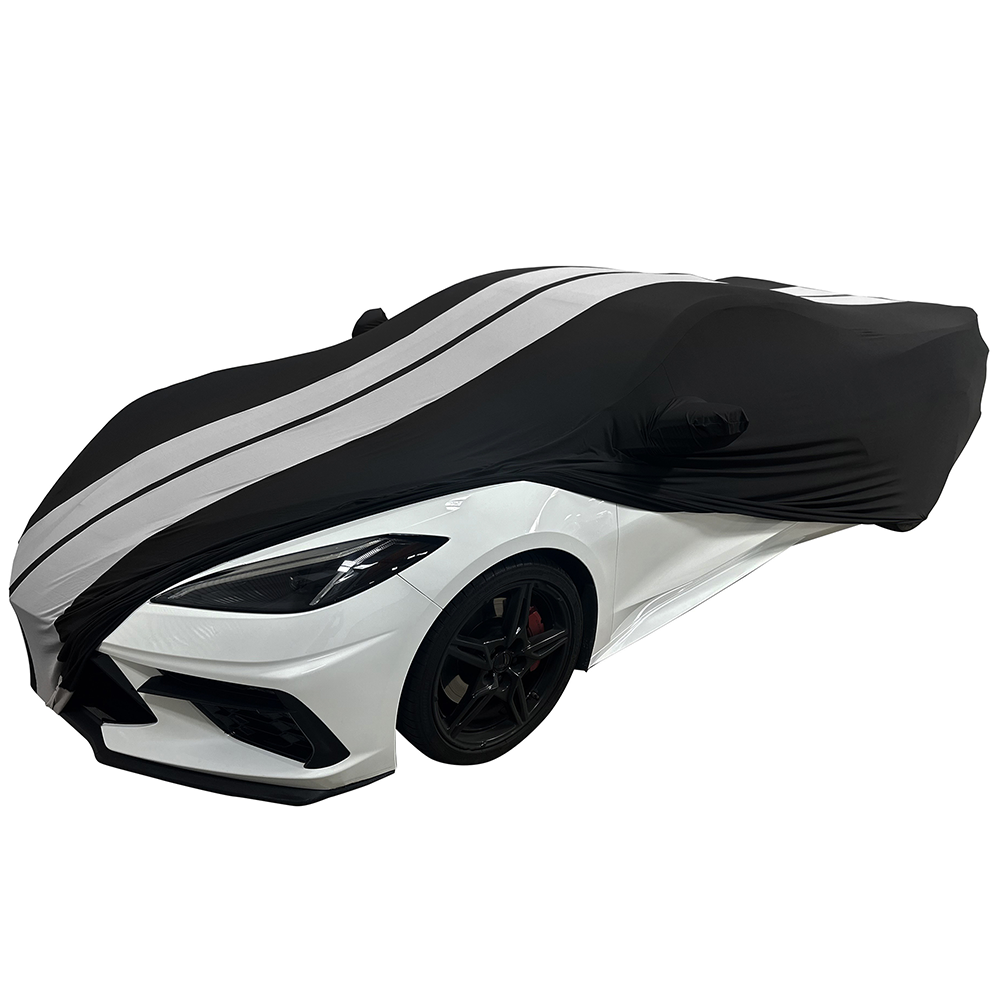 Corvette Ultraguard Stretch Satin Car Cover - Black W/Gray Stripes - Indoor : C8 Stingray, Z51, Z06