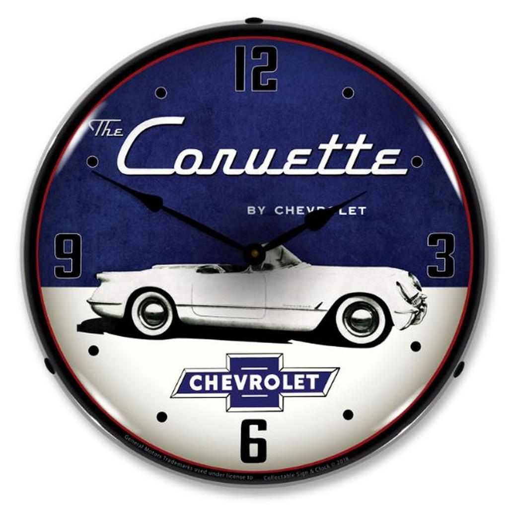 C1 1954 Corvette LED Clock, White With Bowtie