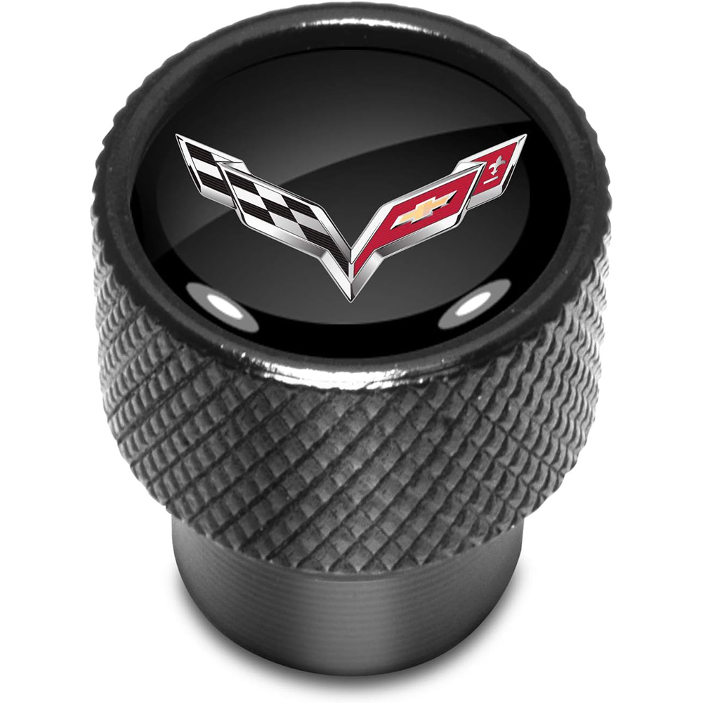 C7 Corvette Valve Stem Cap - Black Aluminum With Logo - 4 Piece Set
