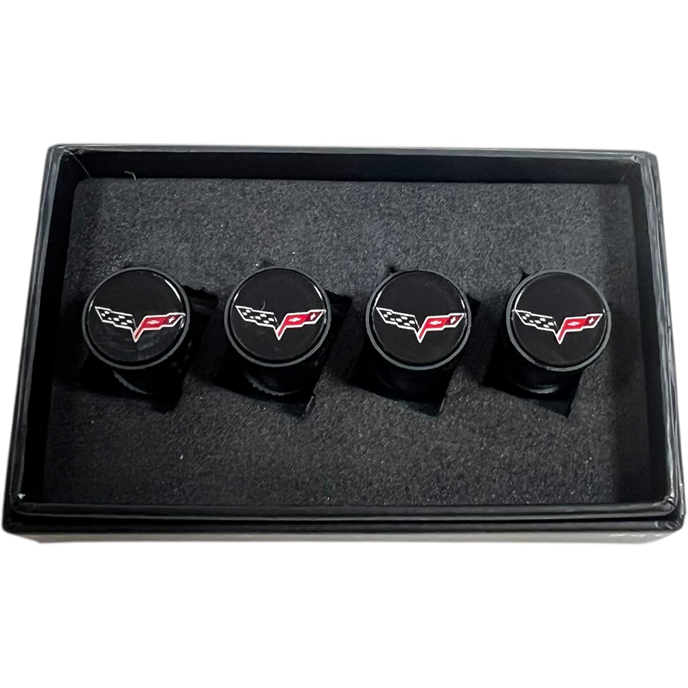 Corvette Crossed Flag Logo Valve Stem Caps - Black Carbon Fiber 4 Pieces : 2005-2013 C6