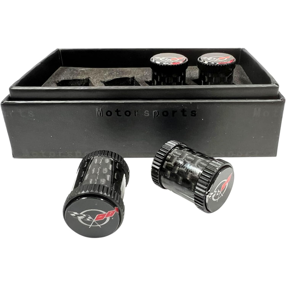 Corvette Crossed Flag Logo Valve Stem Caps - Black Carbon Fiber 4 Pieces : 1997-2004 C5