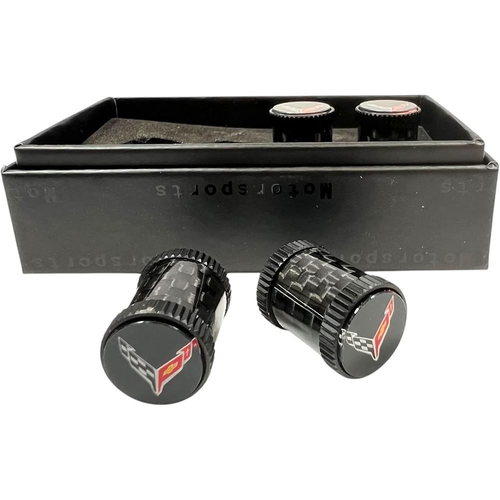 Corvette Crossed Flag Logo Valve Stem Caps - Black Carbon Fiber 4 Pieces : 2020-2026 C8