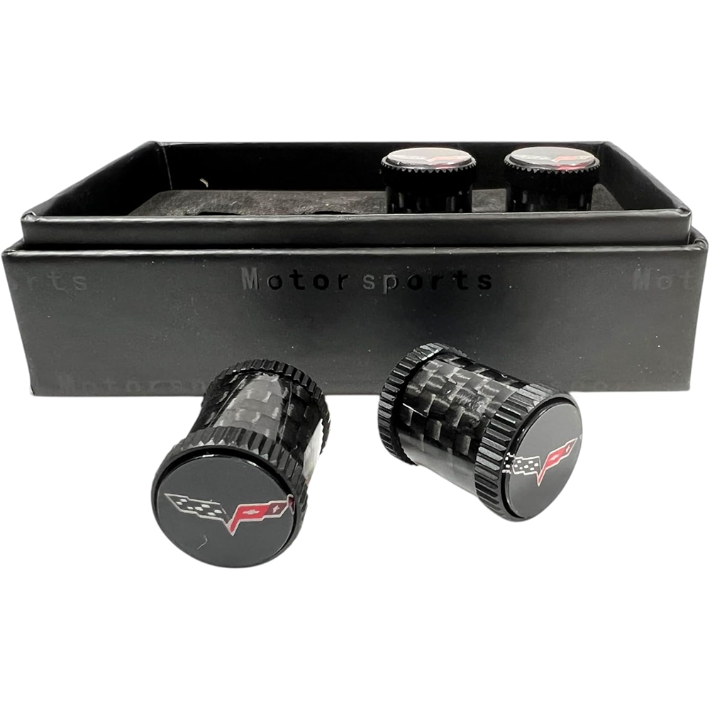 Corvette Crossed Flag Logo Valve Stem Caps - Black Carbon Fiber 4 Pieces : 2005-2013 C6