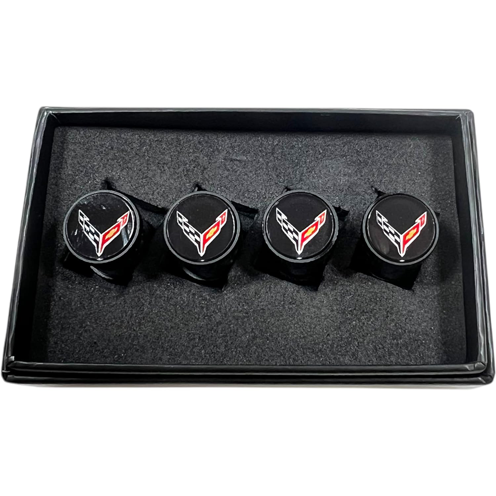 Corvette Crossed Flag Logo Valve Stem Caps - Black Carbon Fiber 4 Pieces : 2020-2026 C8