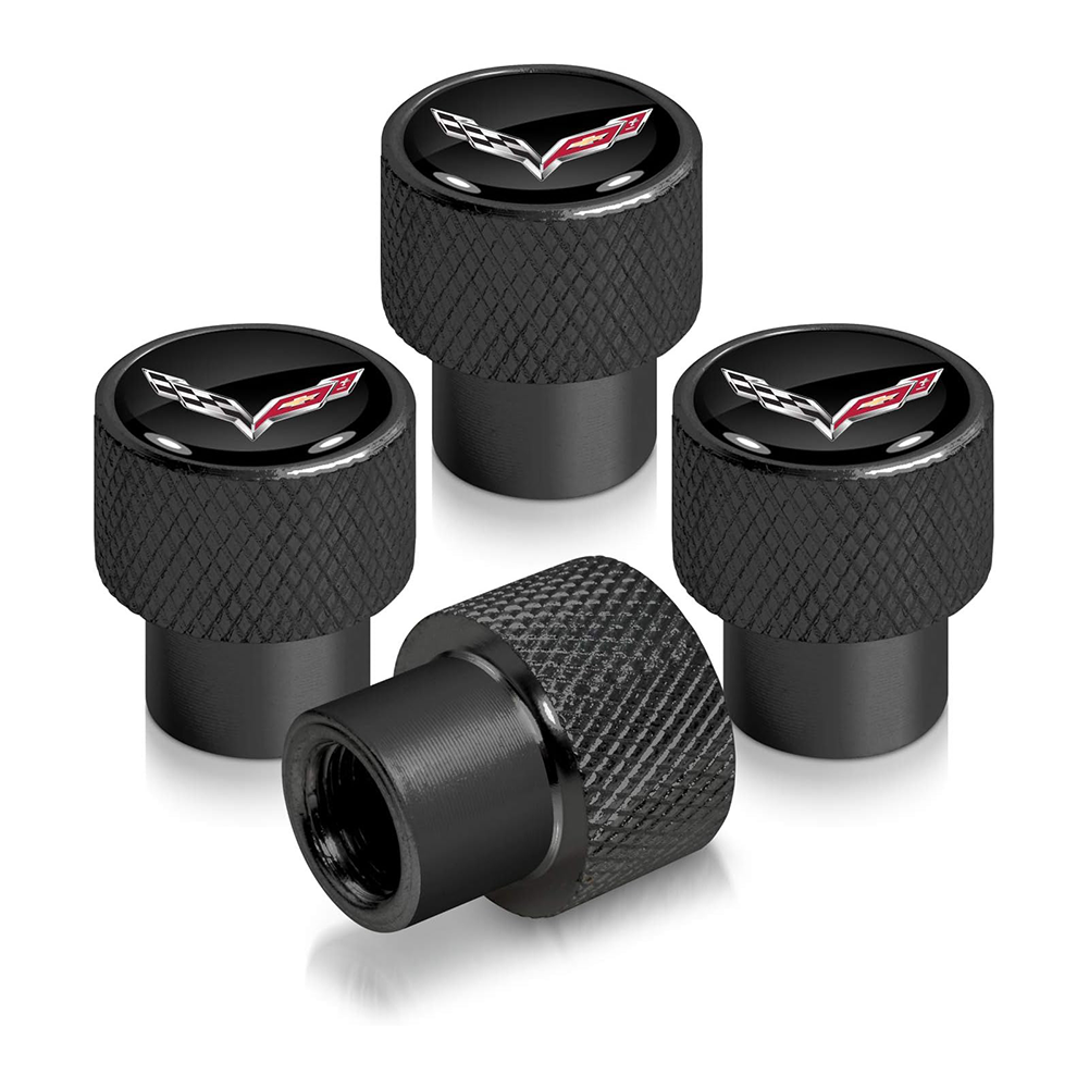 C7 Corvette Valve Stem Cap - Black Aluminum With Logo - 4 Piece Set