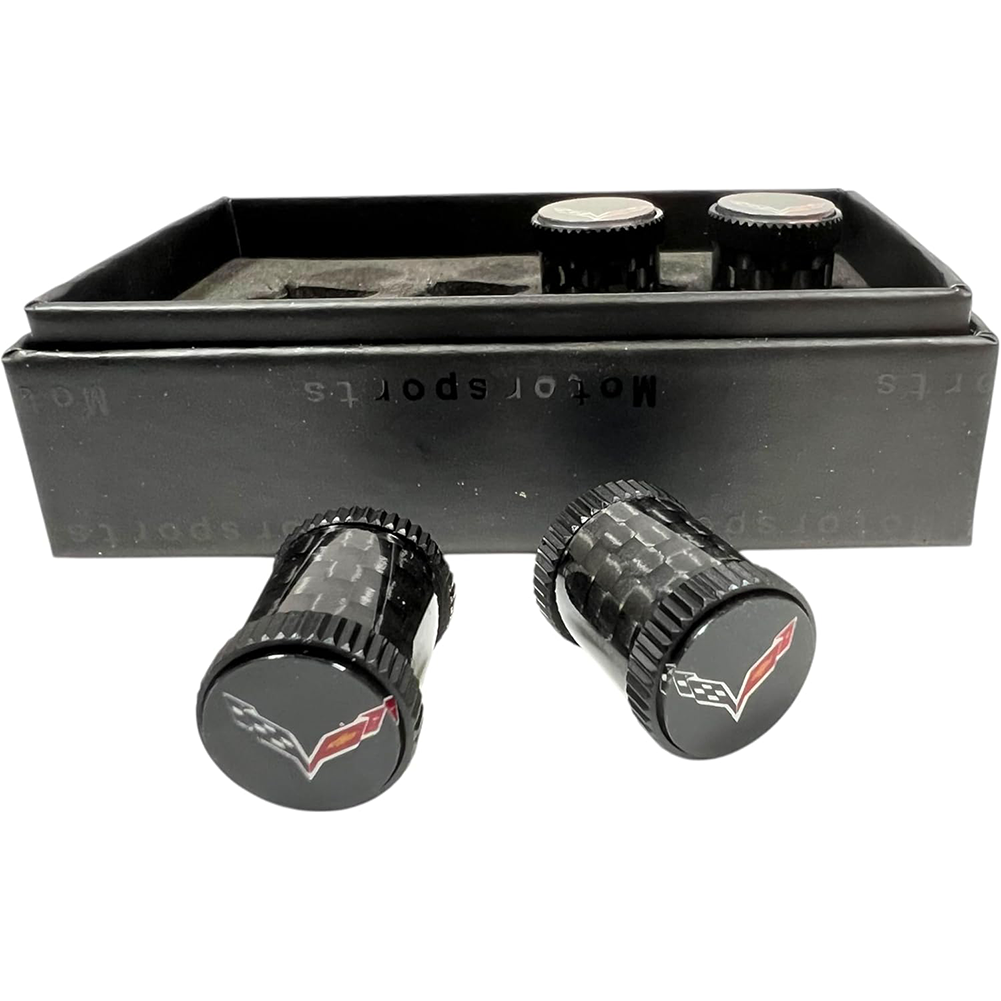 Corvette Crossed Flag Logo Valve Stem Caps - Black Carbon Fiber 4 Pieces : 2014-2019 C7