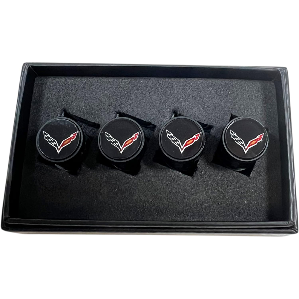 Corvette Crossed Flag Logo Valve Stem Caps - Black Carbon Fiber 4 Pieces : 2014-2019 C7