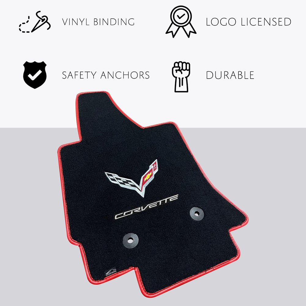 Corvette Floor Mats - Lloyds Velourtex Mats with C7 Crossed Flags & Corvette Script W/ Red Binding : C7 Stingray, Z51