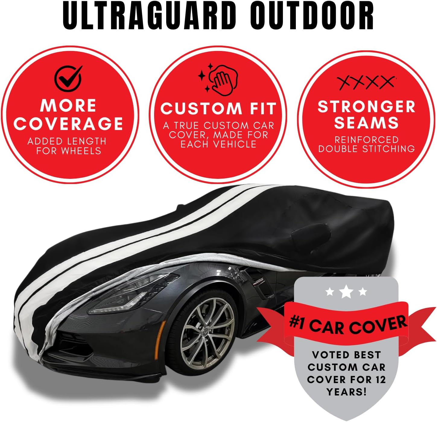 Corvette Ultraguard Plus Car Cover - Indoor/Outdoor Protection - Black W/ Red Stripes : C8 Stingray, Z51, Z06