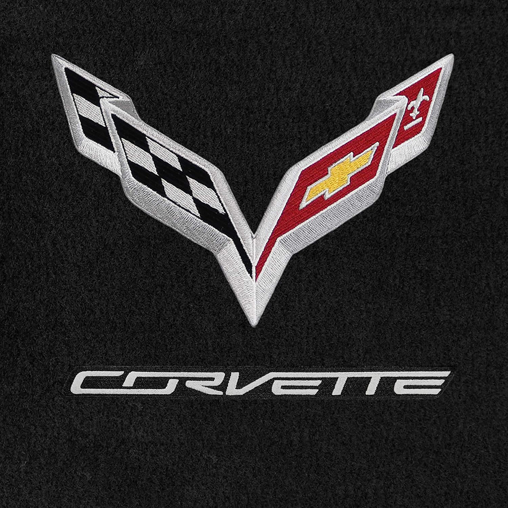 Corvette Floor Mats - Lloyds Velourtex Mats with C7 Crossed Flags & Corvette Script W/ Red Binding : C7 Stingray, Z51