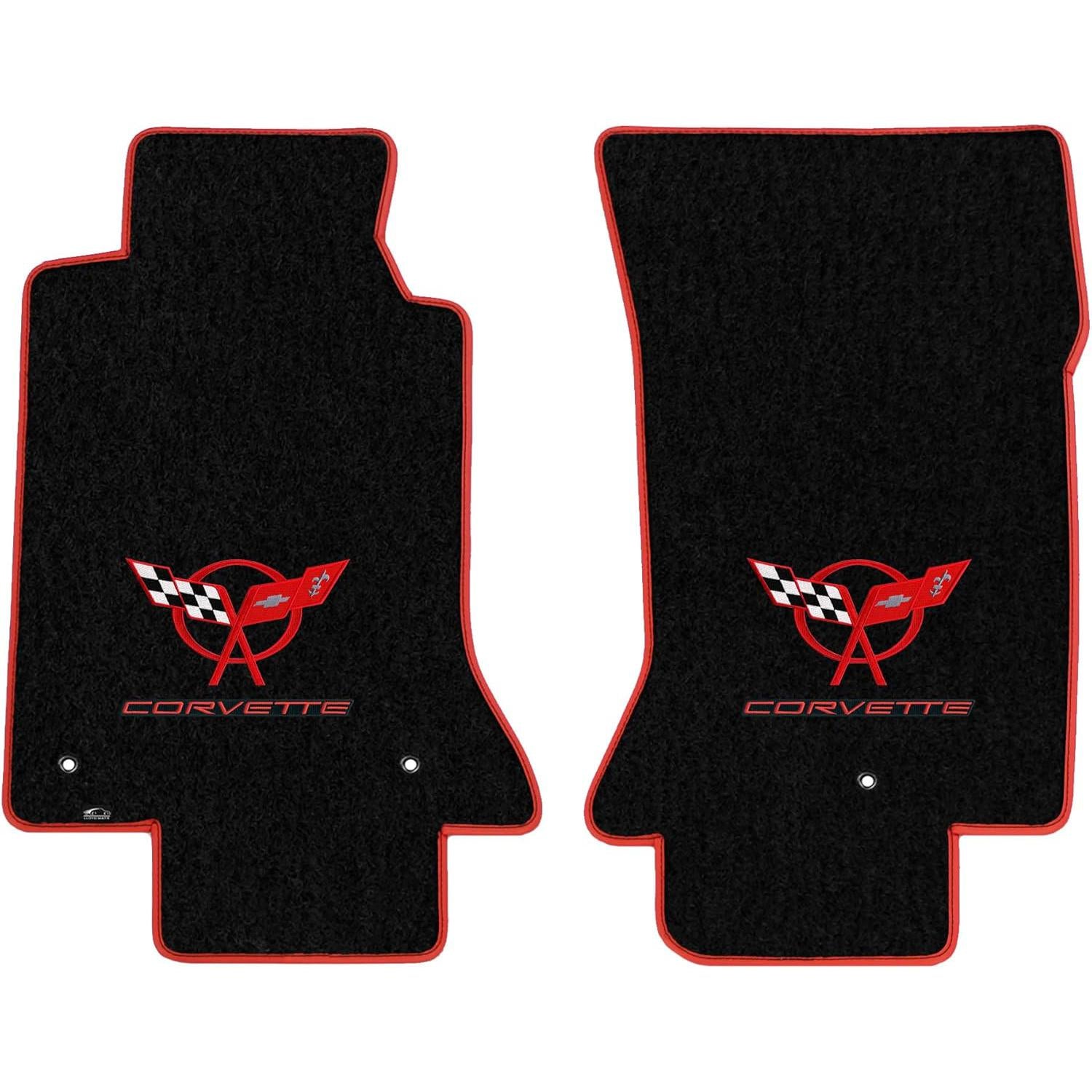 Corvette Velourtex Floor Mats - Embroidered Double Logo W/ Red Binding : 1997-2004 C5
