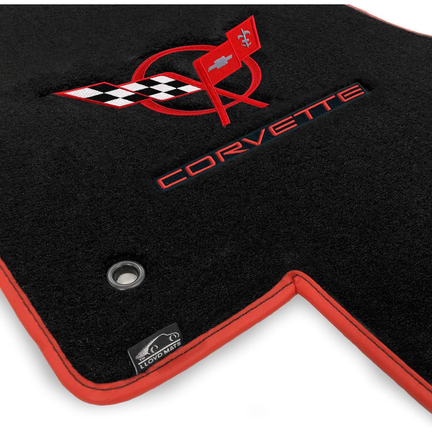 Corvette Velourtex Floor Mats - Embroidered Double Logo W/ Red Binding : 1997-2004 C5